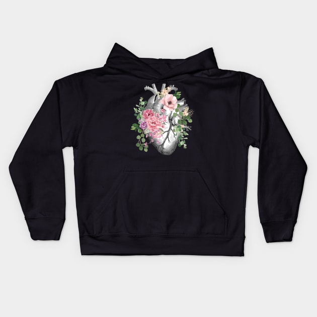 Bloom Floral Heart Human Anatomy Kids Hoodie by Collagedream